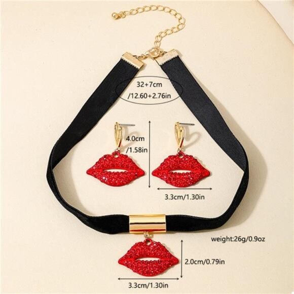 Rhinestone Lip Earrings and Necklace Jewelry Set - Picture 11 of 11